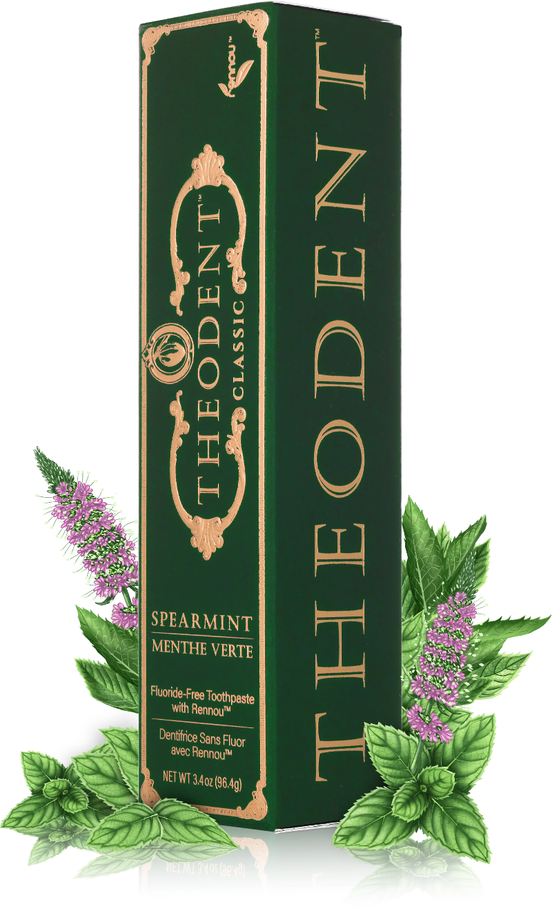 Theodent Classic fluoride-free spearmint toothpaste carton, green with copper foil