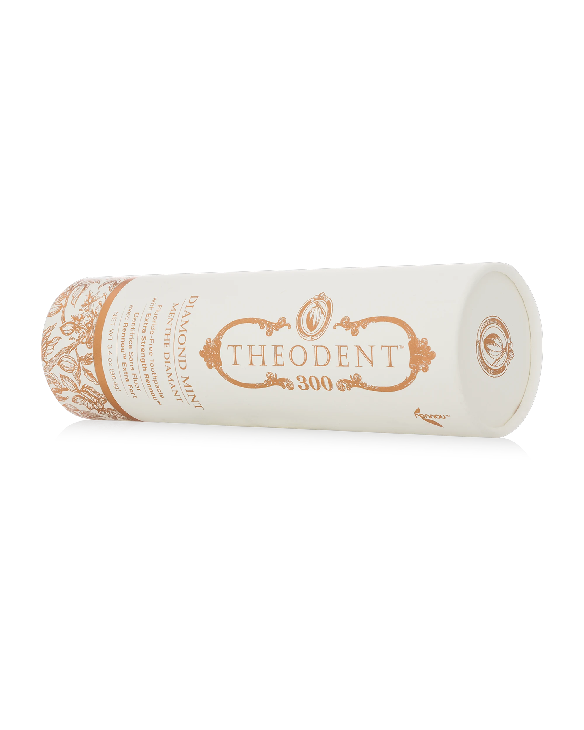 Theodent 300 packaging detail with copper botanical illustration