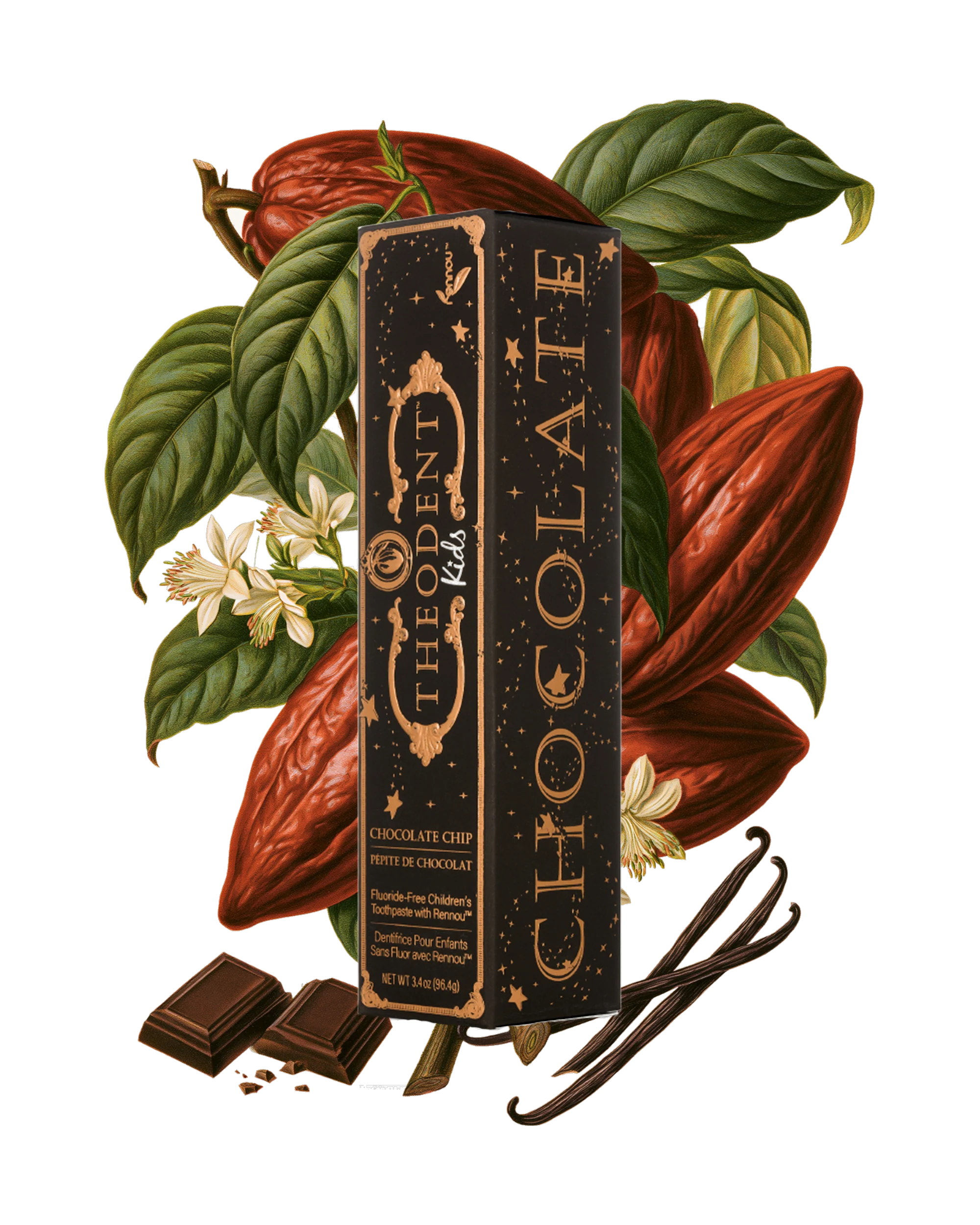Theodent Kids chocolate chip carton among cacao pods, cacao flowers and vanilla beans