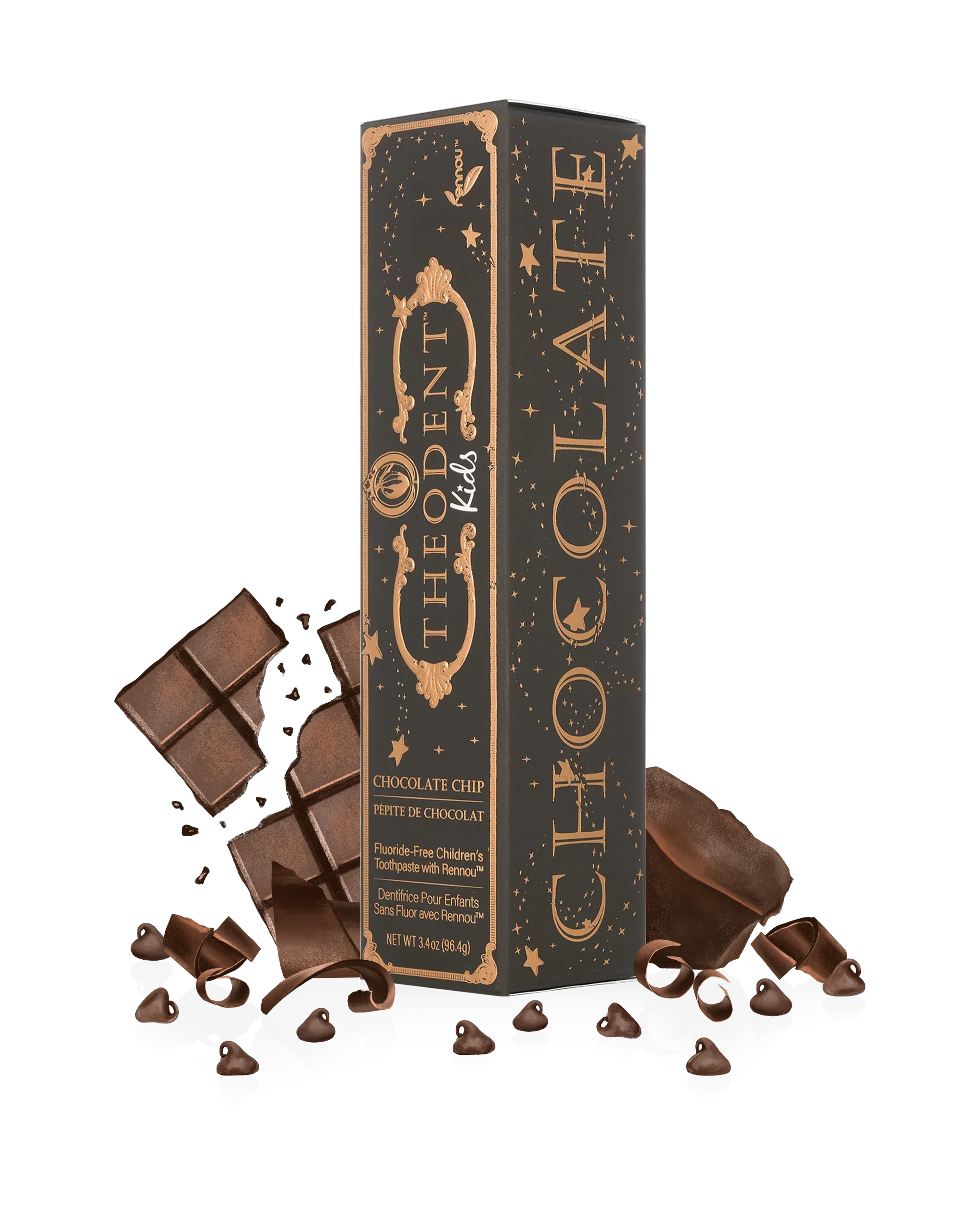 Theodent Kids carton, chocolate chip flavour, front