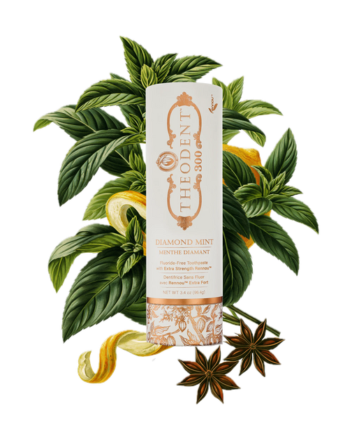 Theodent 300 Diamond Mint canister among mint leaves, citrus peel and star anise