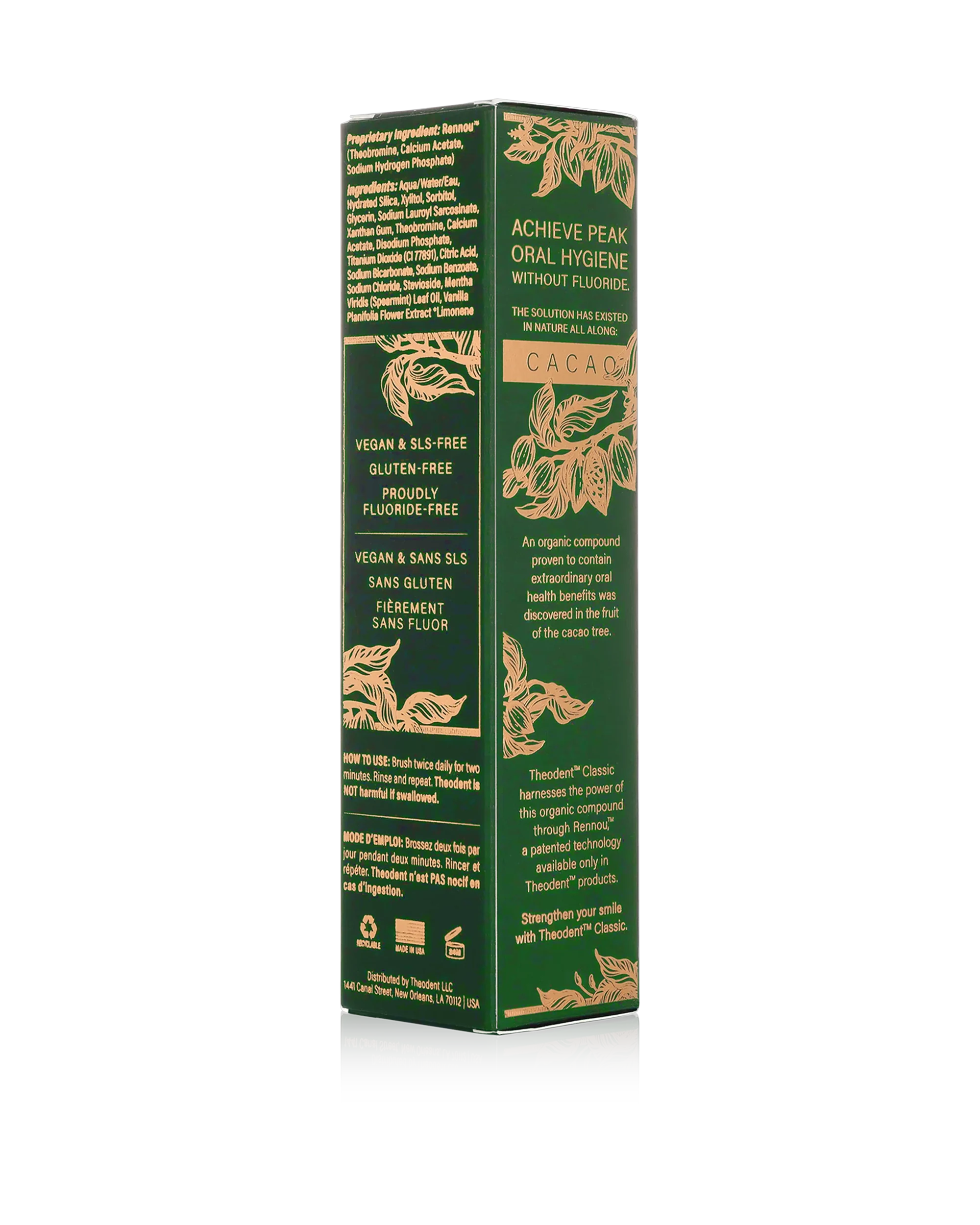 Theodent Classic toothpaste carton, back with ingredients