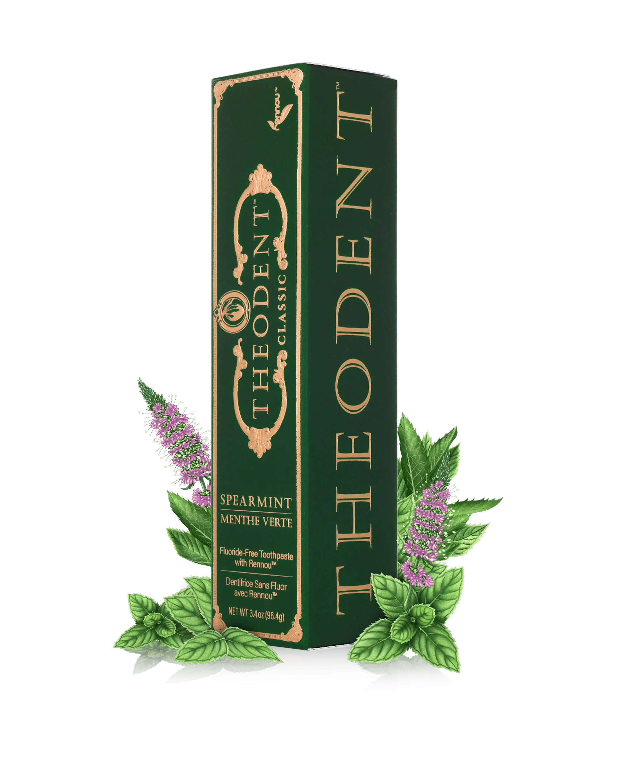 Theodent Classic fluoride-free spearmint toothpaste carton, front