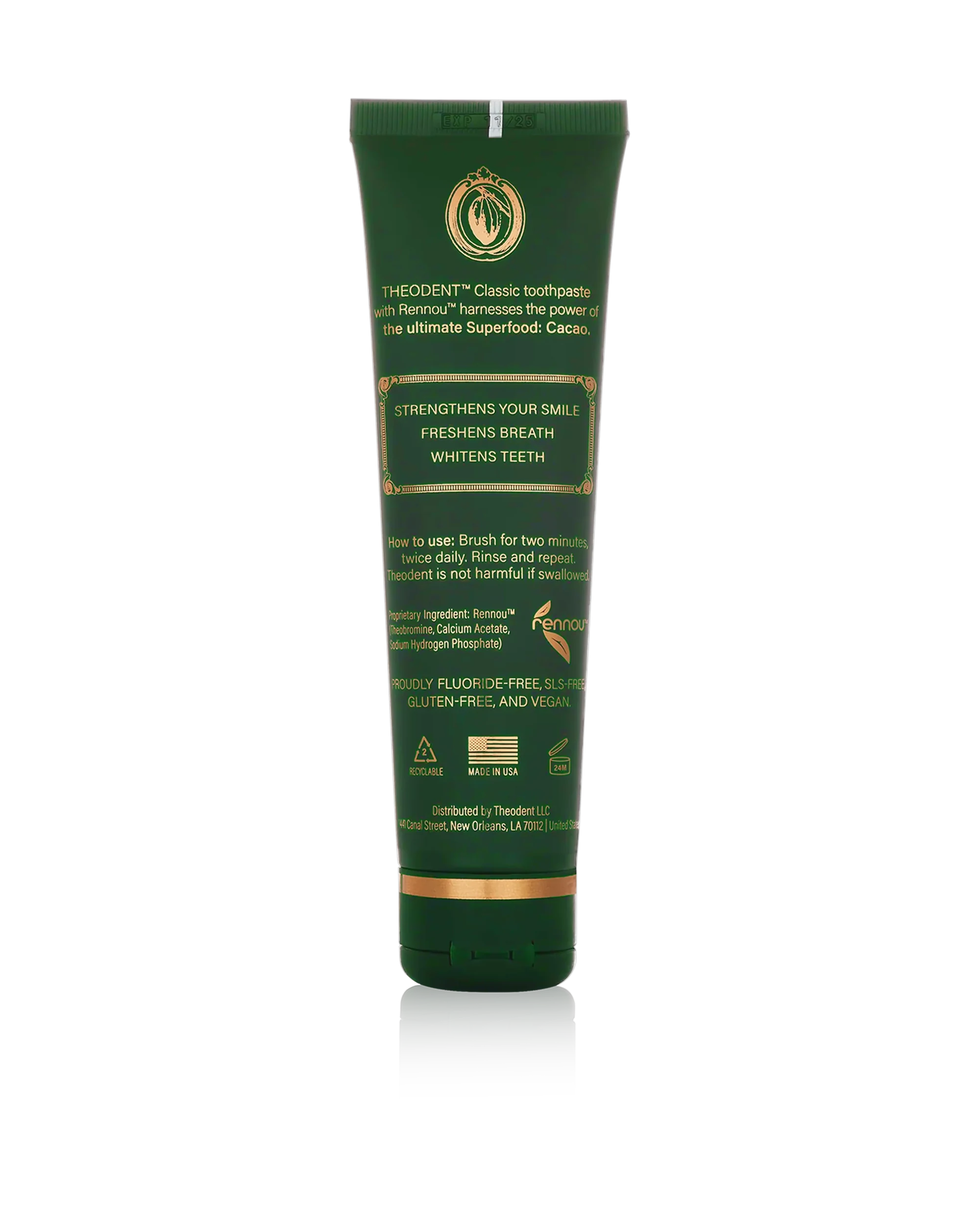 Theodent Classic tube, back, with ingredients and directions