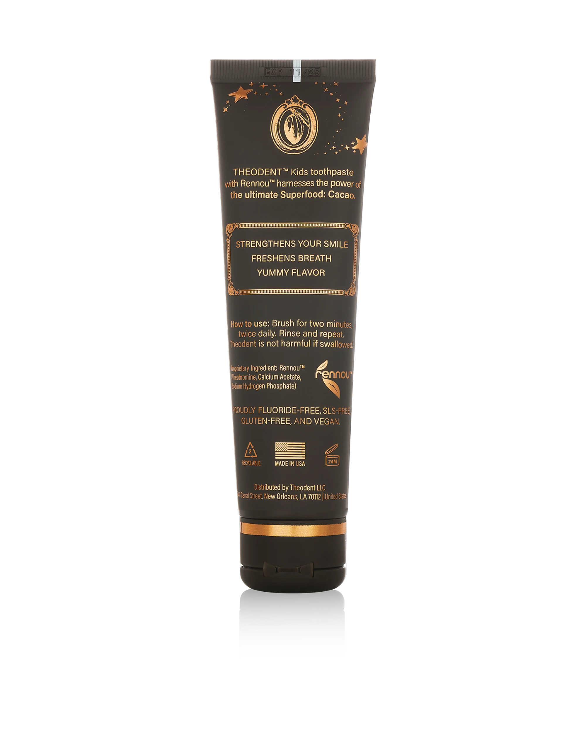 Theodent Kids carton, back, with ingredients and directions