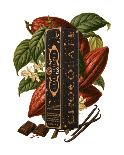 Theodent Kids chocolate chip carton among cacao pods, cacao flowers and vanilla beans