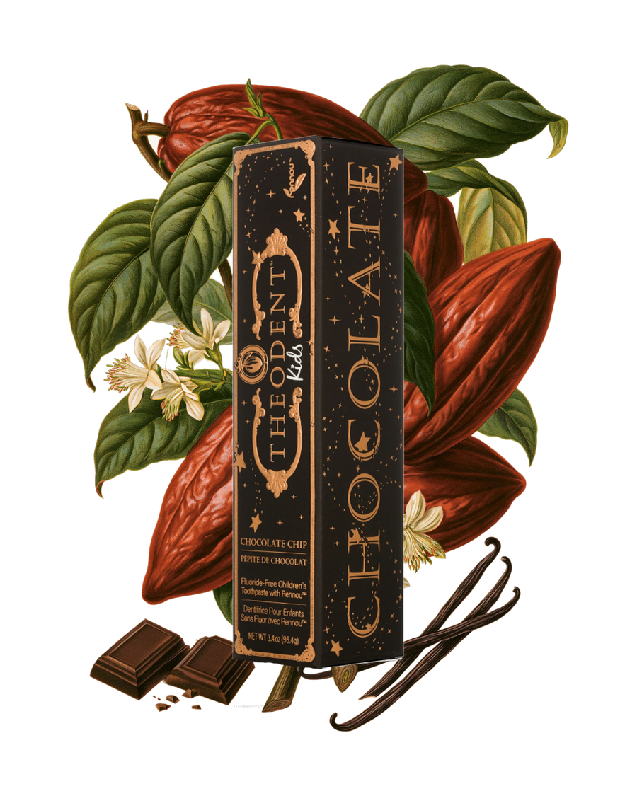 Theodent Kids chocolate chip carton among cacao pods, cacao flowers and vanilla beans