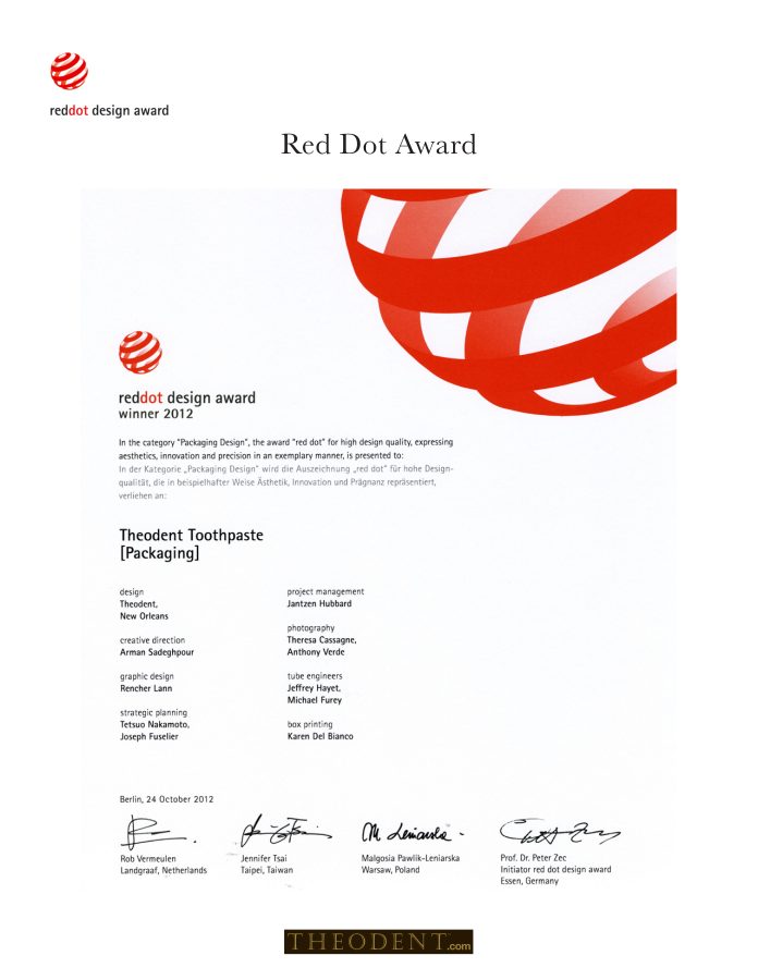 Red Dot Product Design Award citation for Theodent packaging